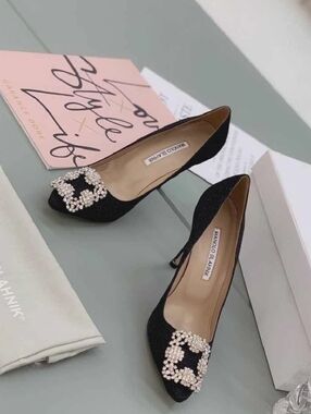 Manolo Blahnik Square Crystal Buckle Black High Heels